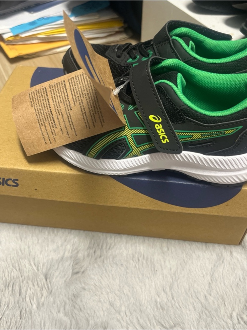 ASICS Kids Black & Green Velcro Athletic Sneakers